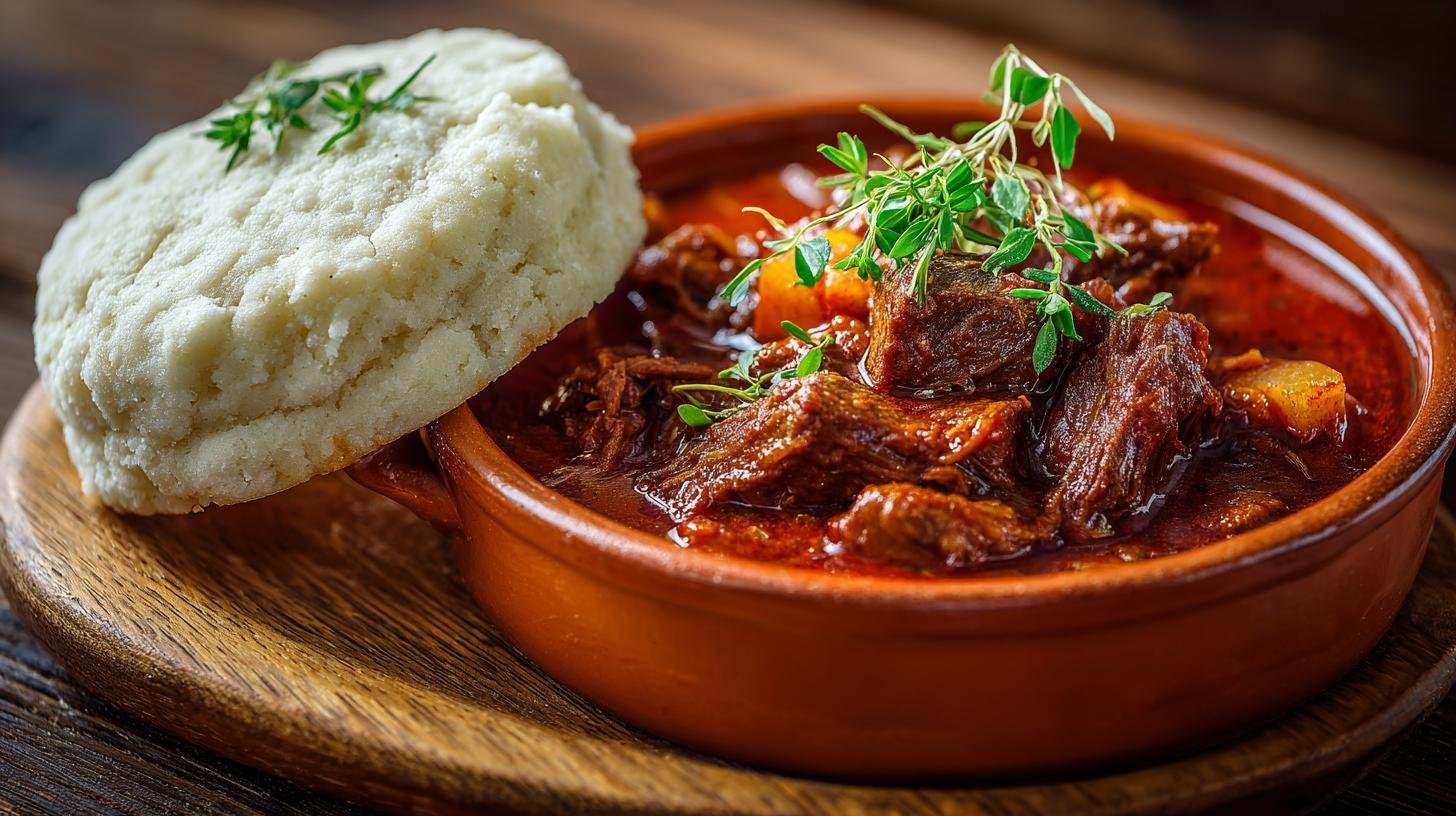 Tradiční hovězí guláš s houskovým knedlíkem a cibulovým základem – krok za krokem. Houskový knedlík a servírování