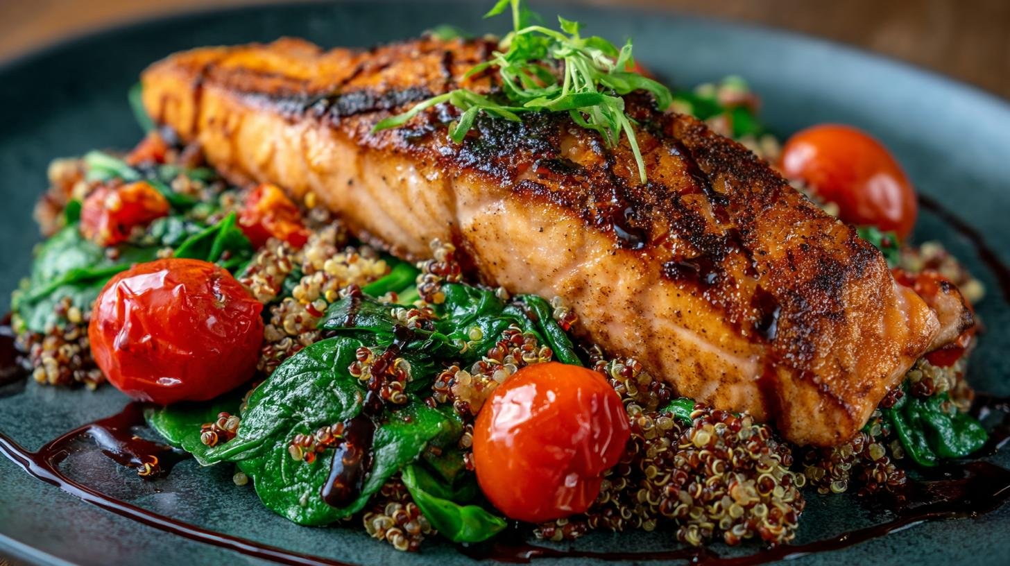 Grilovaný losos s masovou směsí quinoa, špenátem a cherry rajčaty – maso + super potraviny. Ingredience a rychlý postup