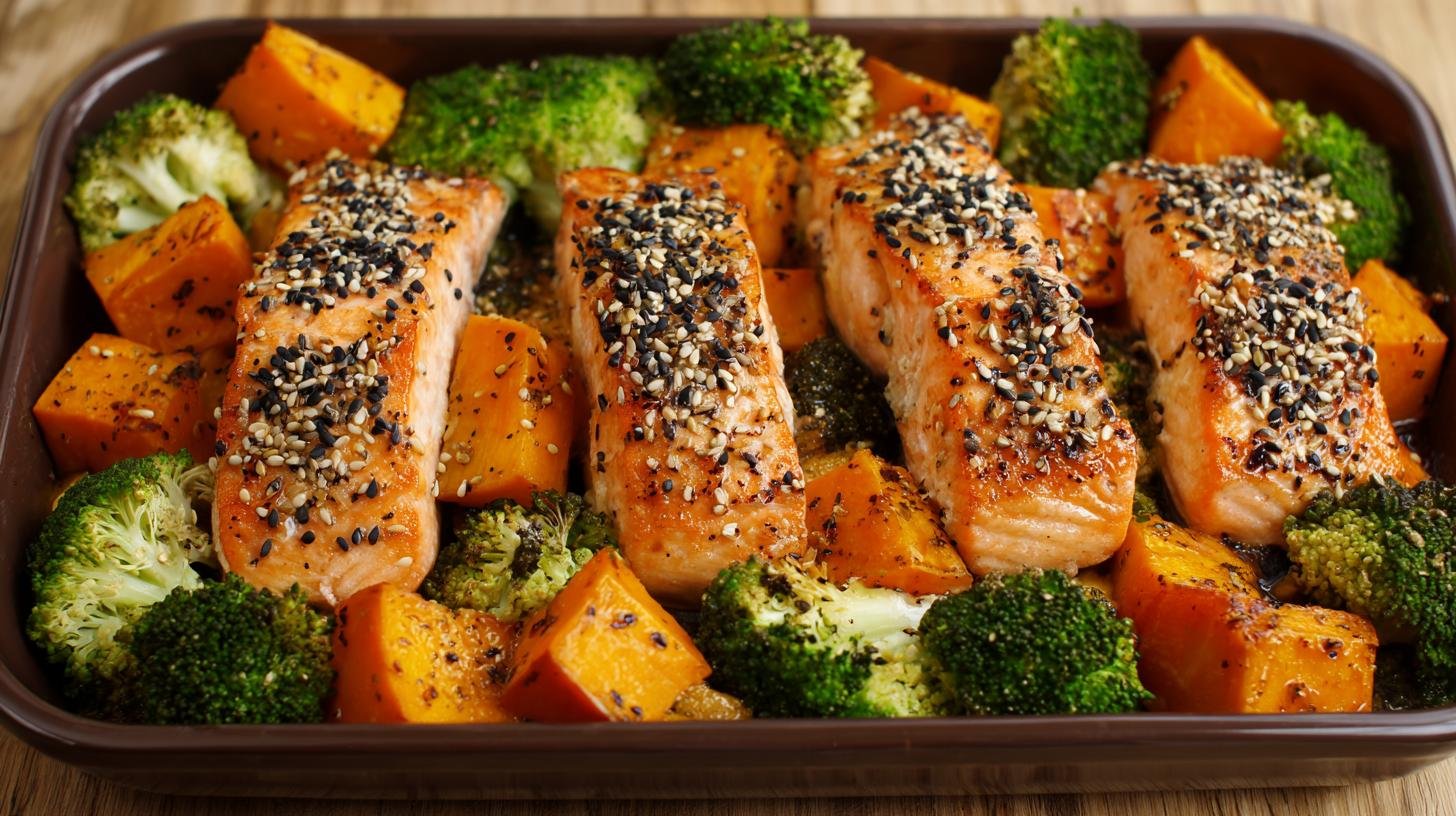 Pečený losos s brokolicí, batáty a sezamem – jednoduché řešení pro aktivní život. Lahodné variace a drobné triky