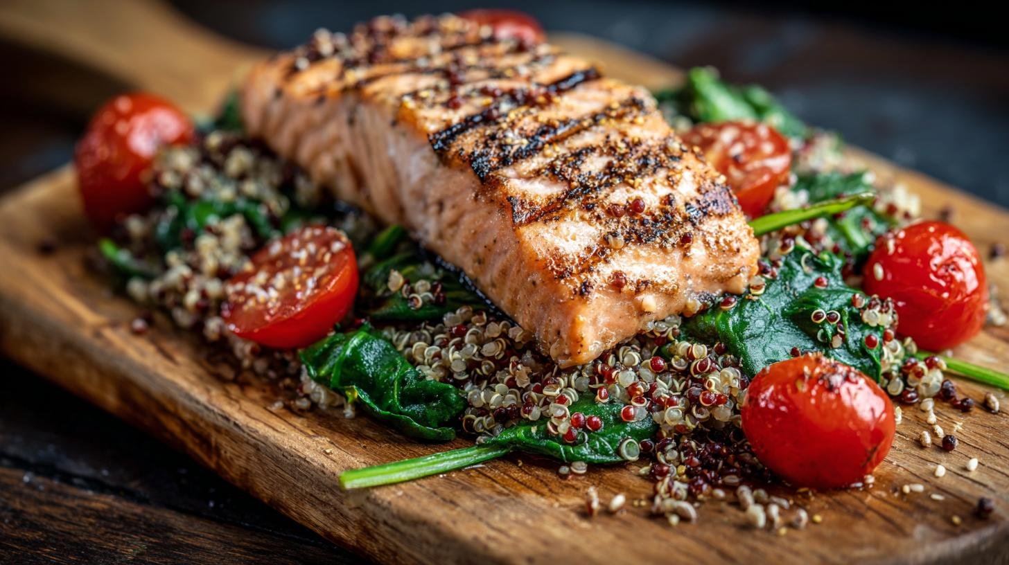 Grilovaný losos s masovou směsí quinoa, špenátem a cherry rajčaty – maso + super potraviny. Servírování a atmosféra