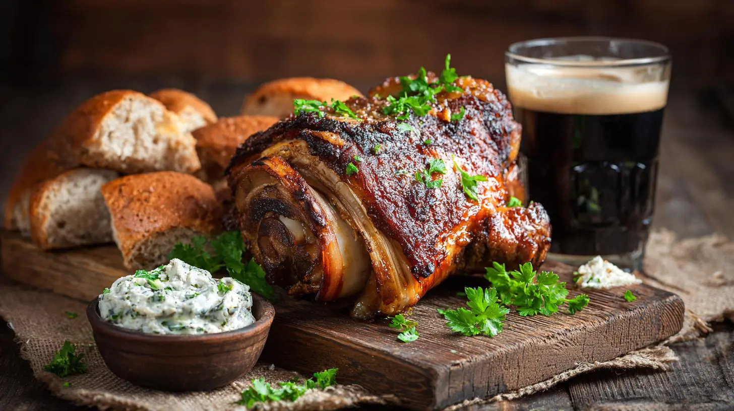Pečené koleno s křenem, chlebem a černým pivem