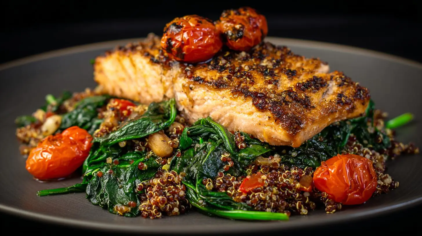 Grilovaný losos s masovou směsí quinoa, špenátem a cherry rajčaty – maso + super potraviny