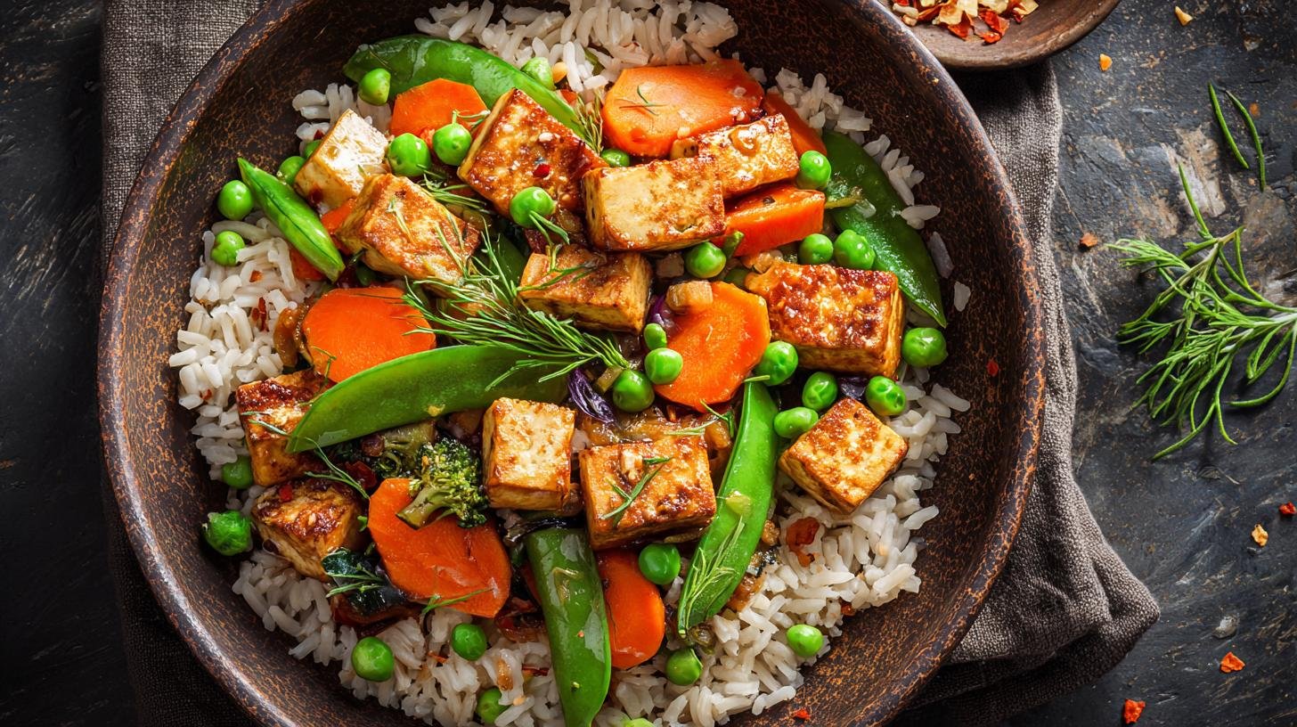 Zeleninové stir-fry s tofu, hráškem, mrkví a hnědou rýží – tajemství efektivní výživy. Tajemství chuti a textury