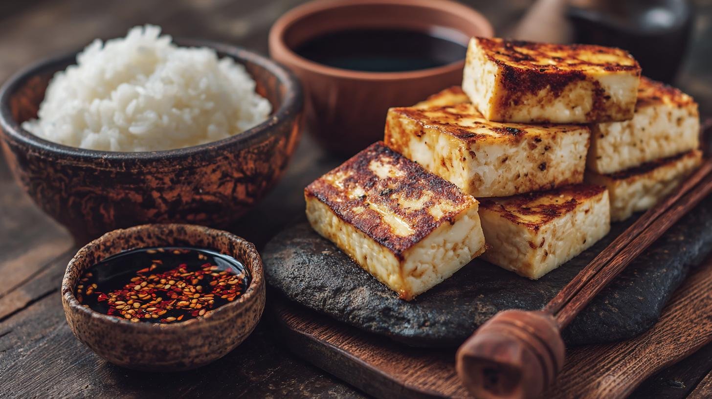 Tofu na pánvi s rýží a sojovou omáčkou – veganský oběd. Rychlý postup na pánvi