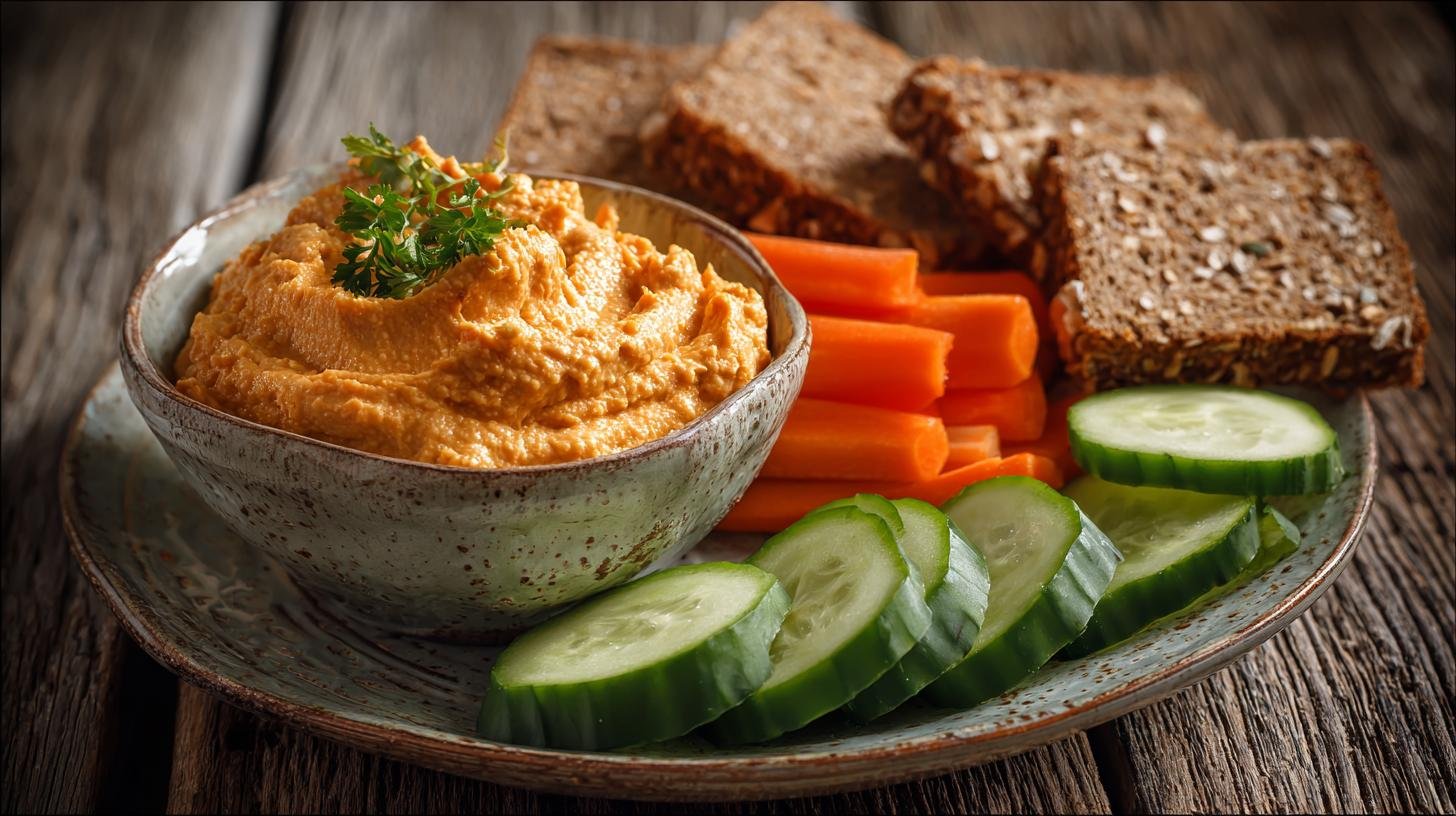 Cizrnový hummus s mrkví, okurkou a celozrnným chlebem – zdravý snack pro každého