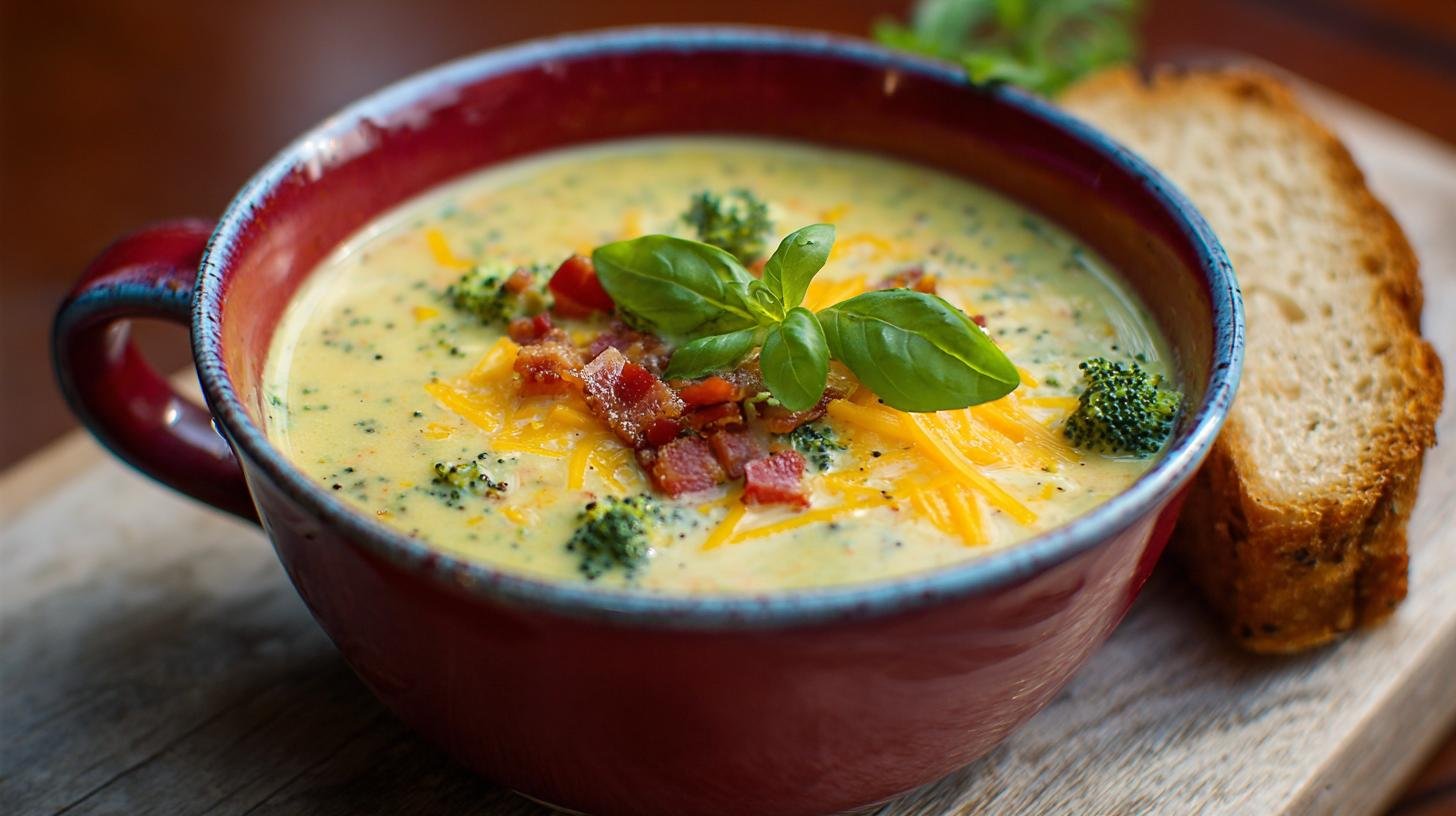 Krémová brokolicová polévka s čedarem, slaninou a čerstvou bazalkou – rychlá úleva