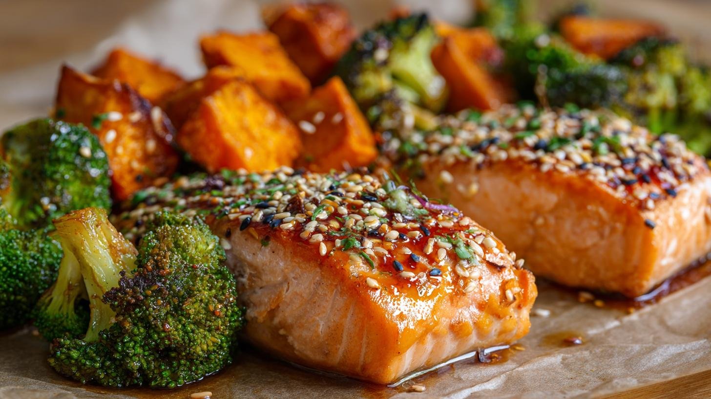 Pečený losos s brokolicí, batáty a sezamem – jednoduché řešení pro aktivní život