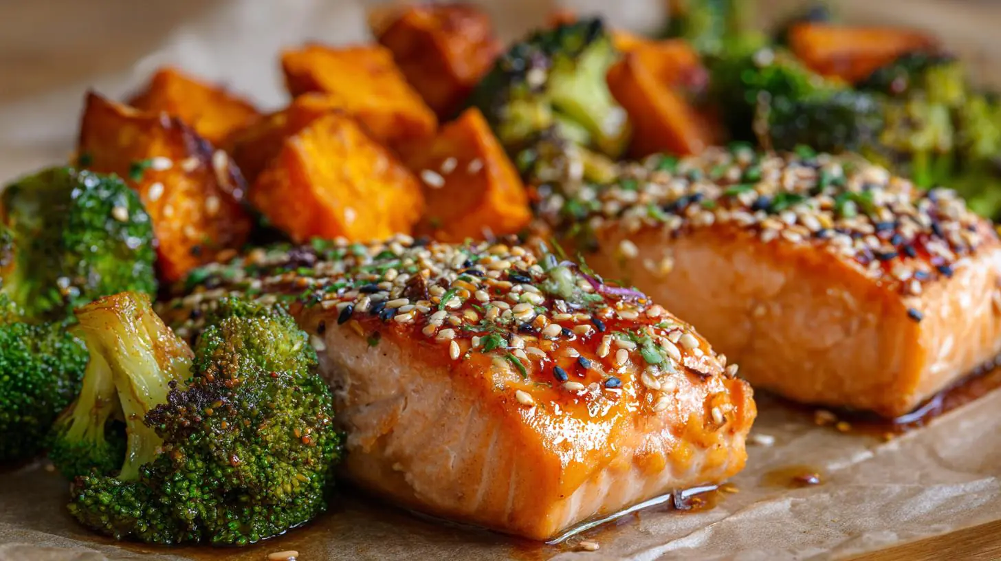 Pečený losos s brokolicí, batáty a sezamem – jednoduché řešení pro aktivní život