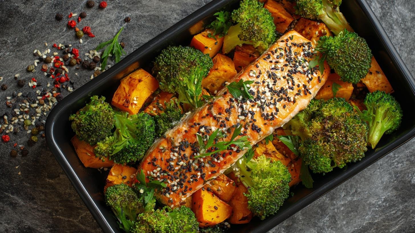 Pečený losos s brokolicí, batáty a sezamem – jednoduché řešení pro aktivní život. Rychlý a jednoduchý postup