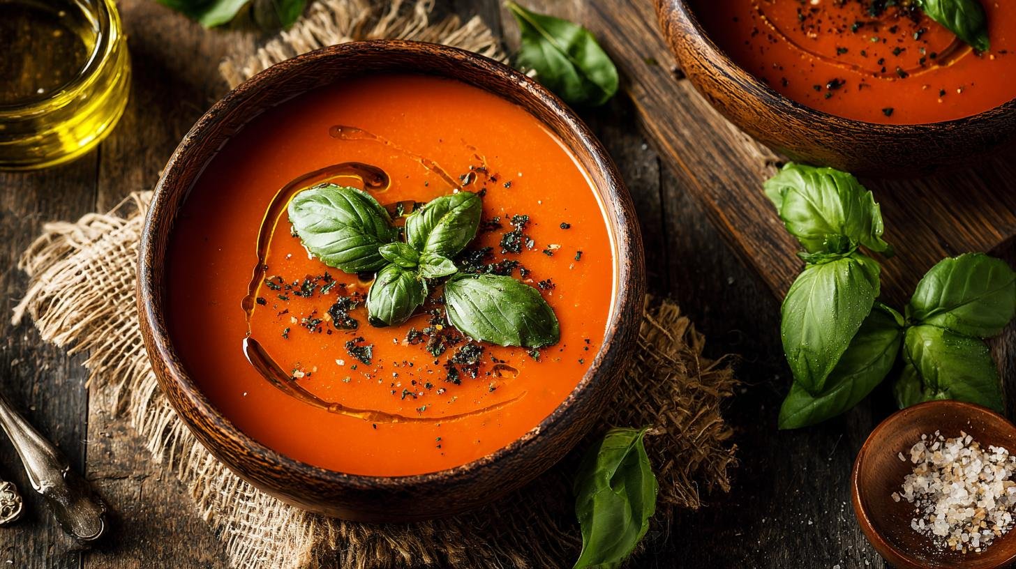 Rajčatová polévka s bazalkou a olivovým olejem – chuť Středomoří u stolu