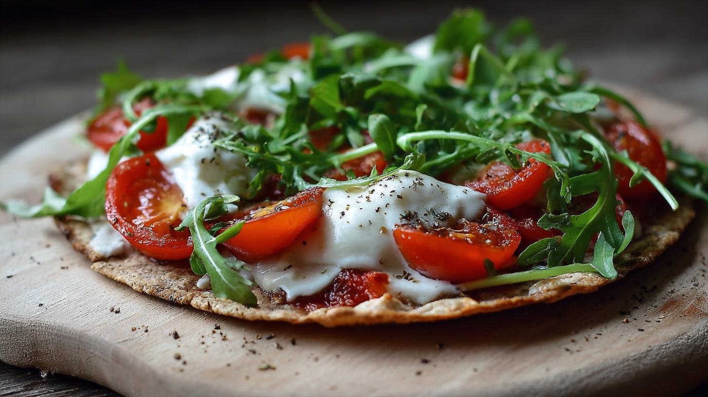 Zdravá pizza na tortille: rajčata, mozzarella a rukola bez kynutí