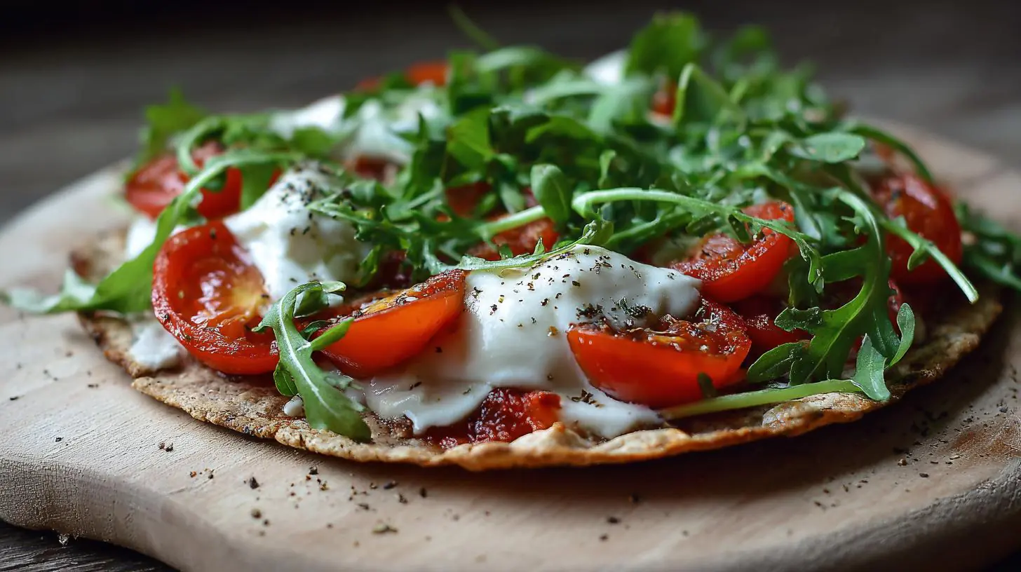 Zdravá pizza na tortille: rajčata, mozzarella a rukola bez kynutí