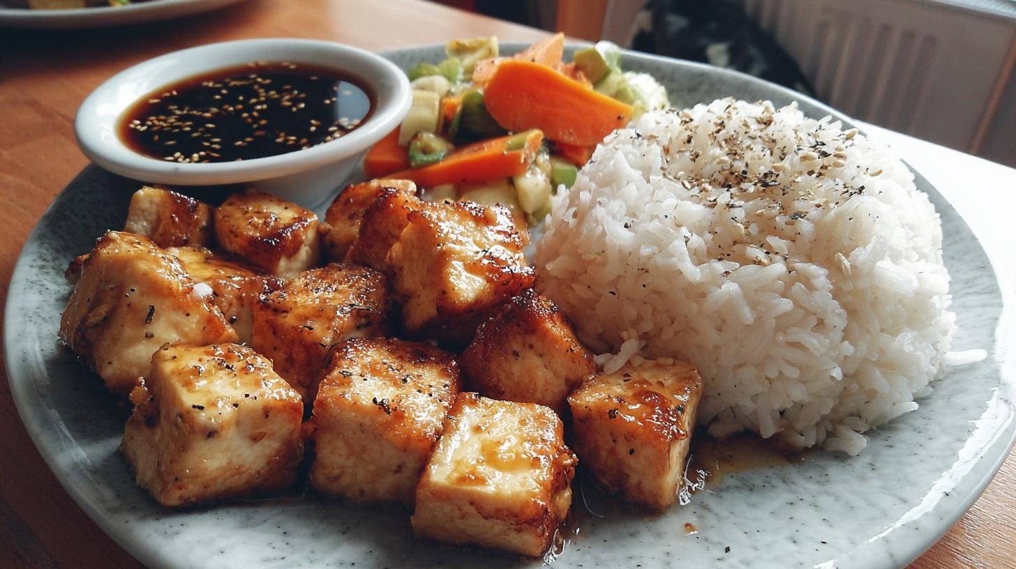Tofu na pánvi s rýží a sojovou omáčkou – veganský oběd