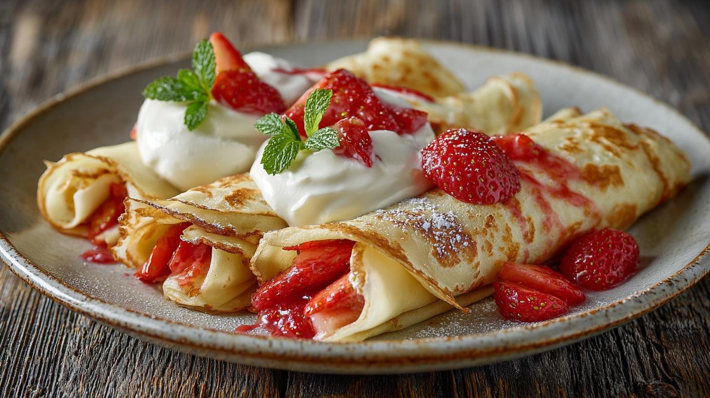 Krémové palačinky s tvarohem a jahodami. Suroviny