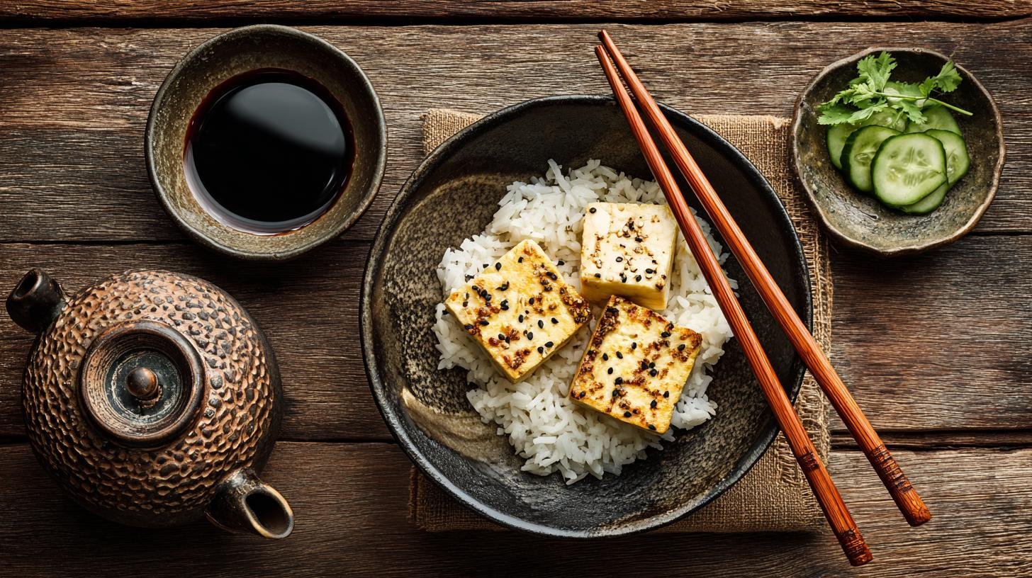 Tofu na pánvi s rýží a sojovou omáčkou – veganský oběd. Co budete potřebovat