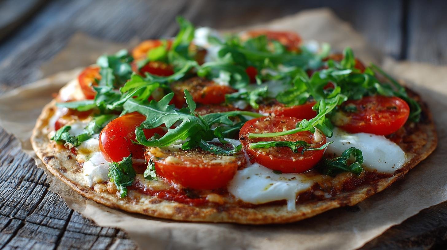 Zdravá pizza na tortille: rajčata, mozzarella a rukola bez kynutí. Ingredience a rychlý postup