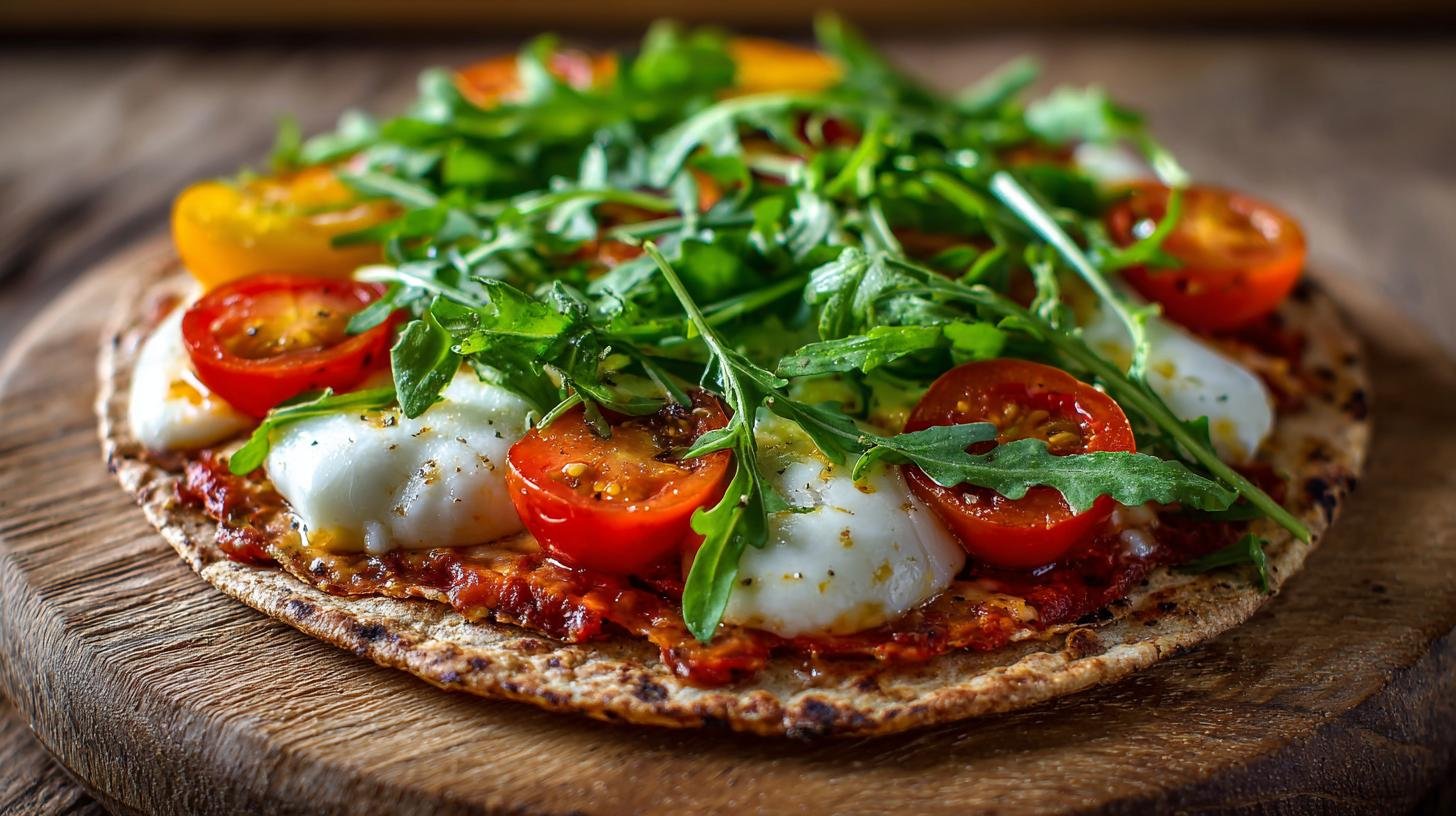 Zdravá pizza na tortille: rajčata, mozzarella a rukola bez kynutí. Servírování a skladování