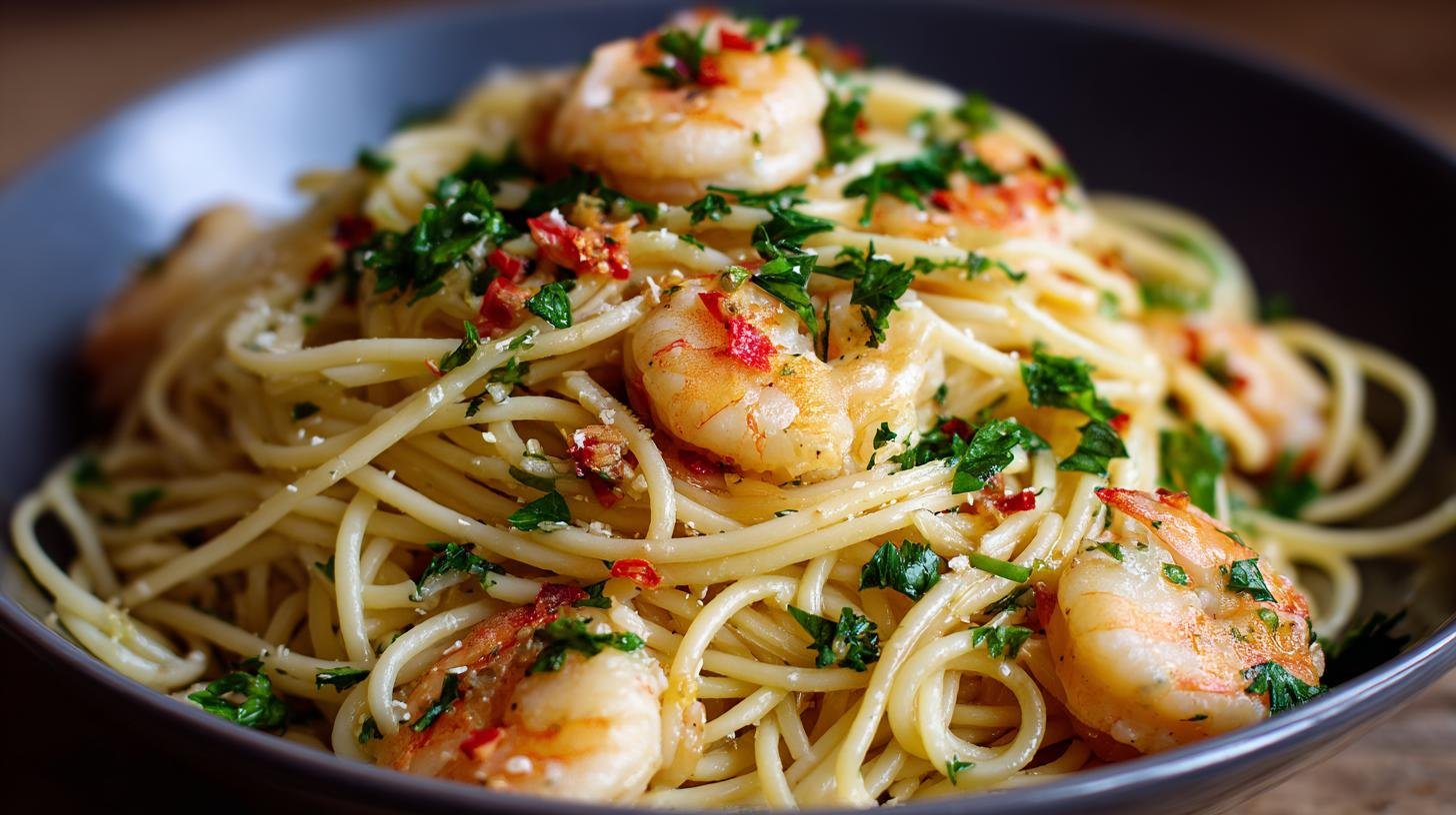 Makaron spaghetti aglio e olio z krewetkami i pietruszką – genialny trik na szybki obiad. Proč to funguje