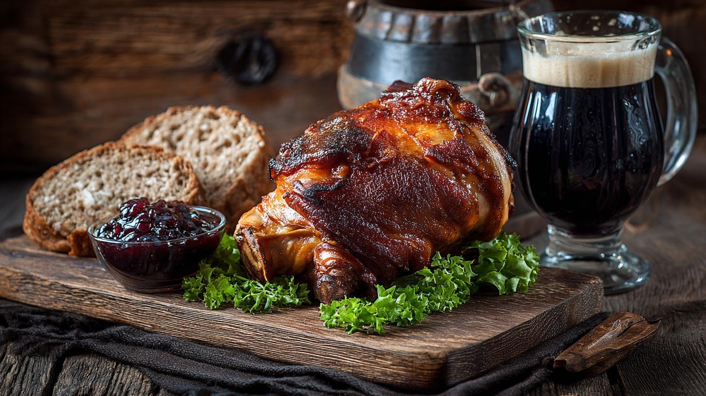 Pečené koleno s křenem, chlebem a černým pivem. Tajné fígle a chuťové zkratky