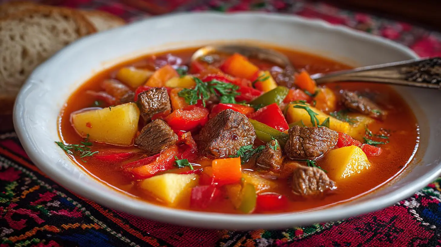 Gulášová polévka s hovězím masem, paprikou a bramborem – maso + polévka