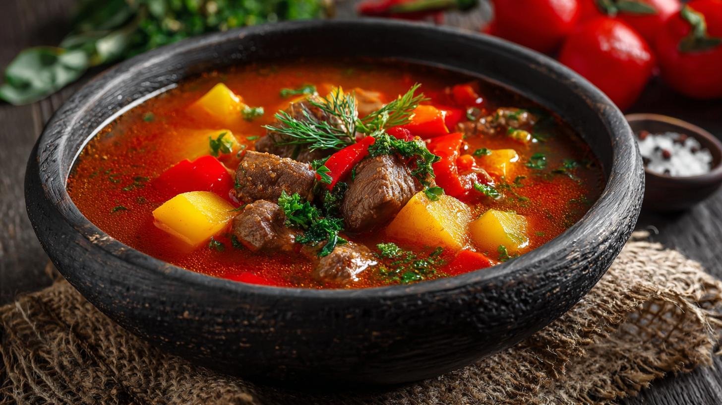 Gulášová polévka s hovězím masem, paprikou a bramborem – maso + polévka. Ingredience a rychlý přehled