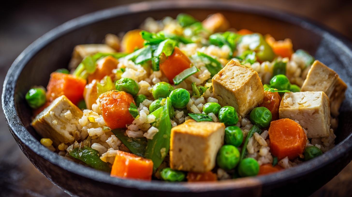 Zeleninové stir-fry s tofu, hráškem, mrkví a hnědou rýží – tajemství efektivní výživy. Recept a rychlý přehled