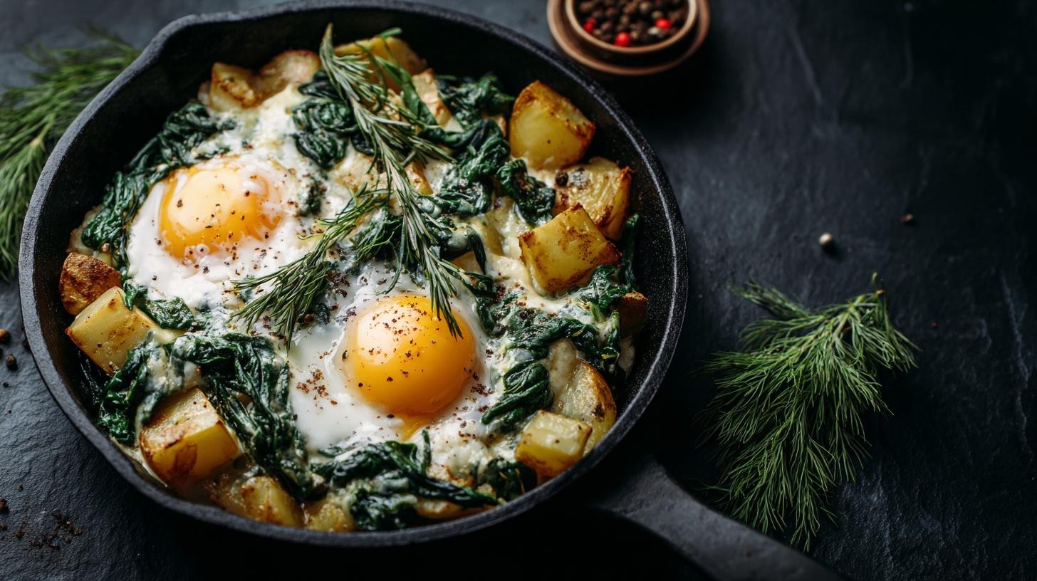 Co vařit, když nemáte čas: 5 receptů z jedné pánve. 5. Vajíčka s bramborem a špenátem
