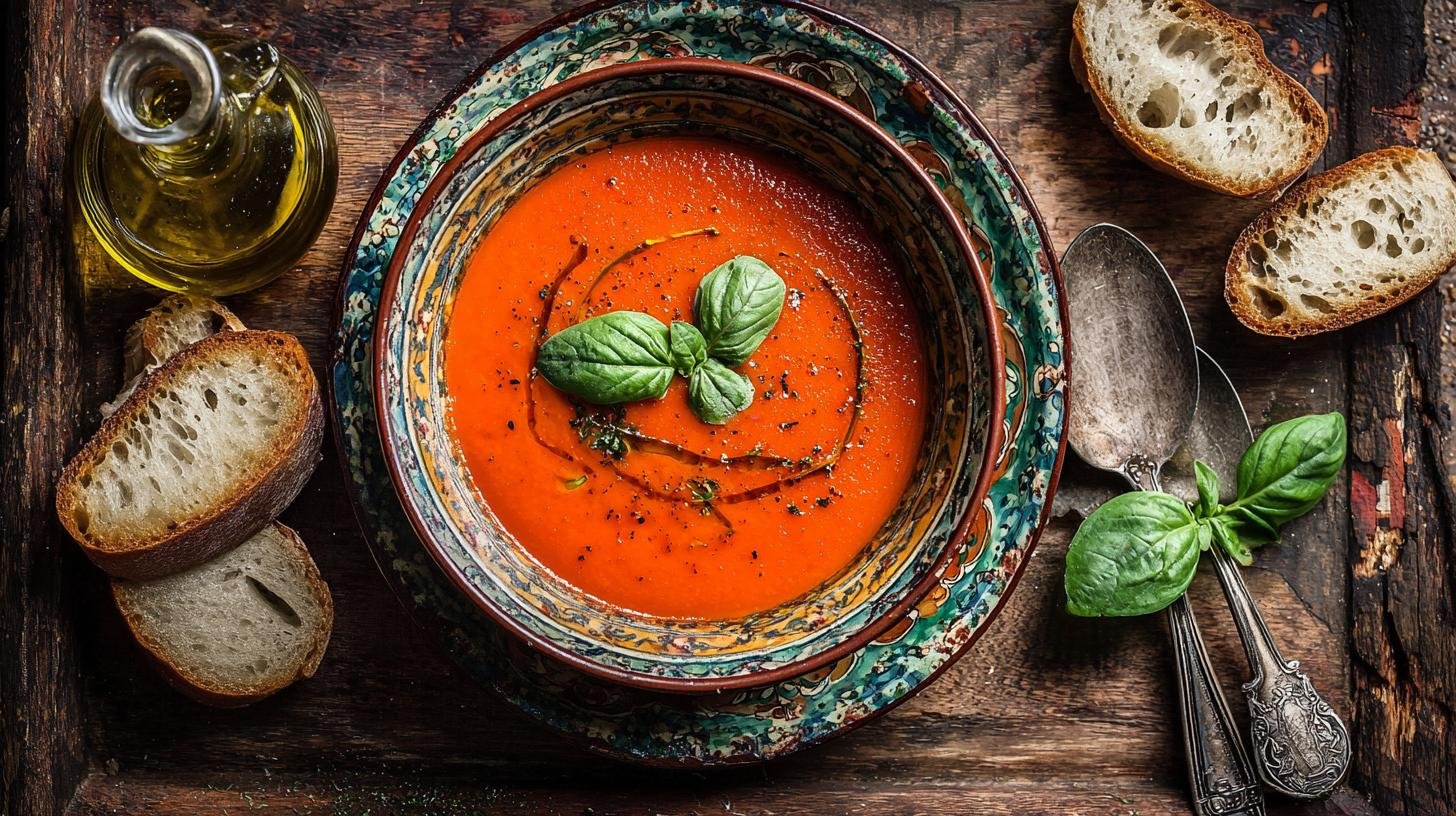Rajčatová polévka s bazalkou a olivovým olejem – jednoduchá a dokonalá