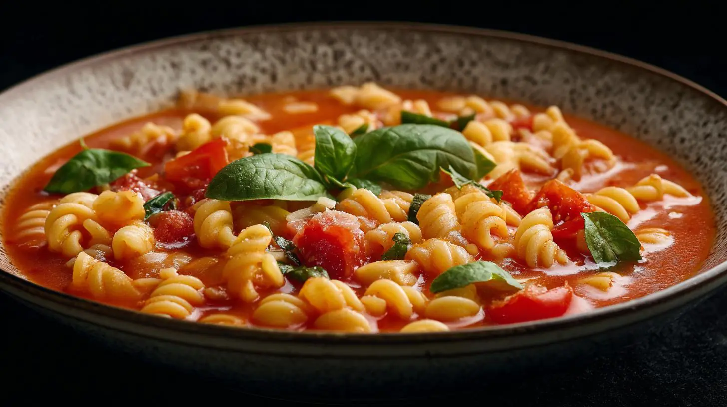 Szybka zupa pomidorowa z makaronem i świeżą bazylią – ekspresowe rozwiązanie