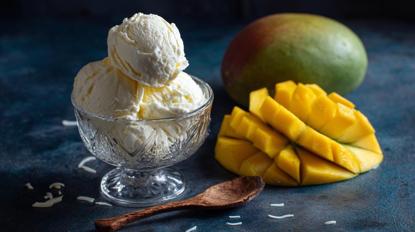 Domácí zmrzlina z kokosového mléka a manga. Servírování a drobné vylepšení