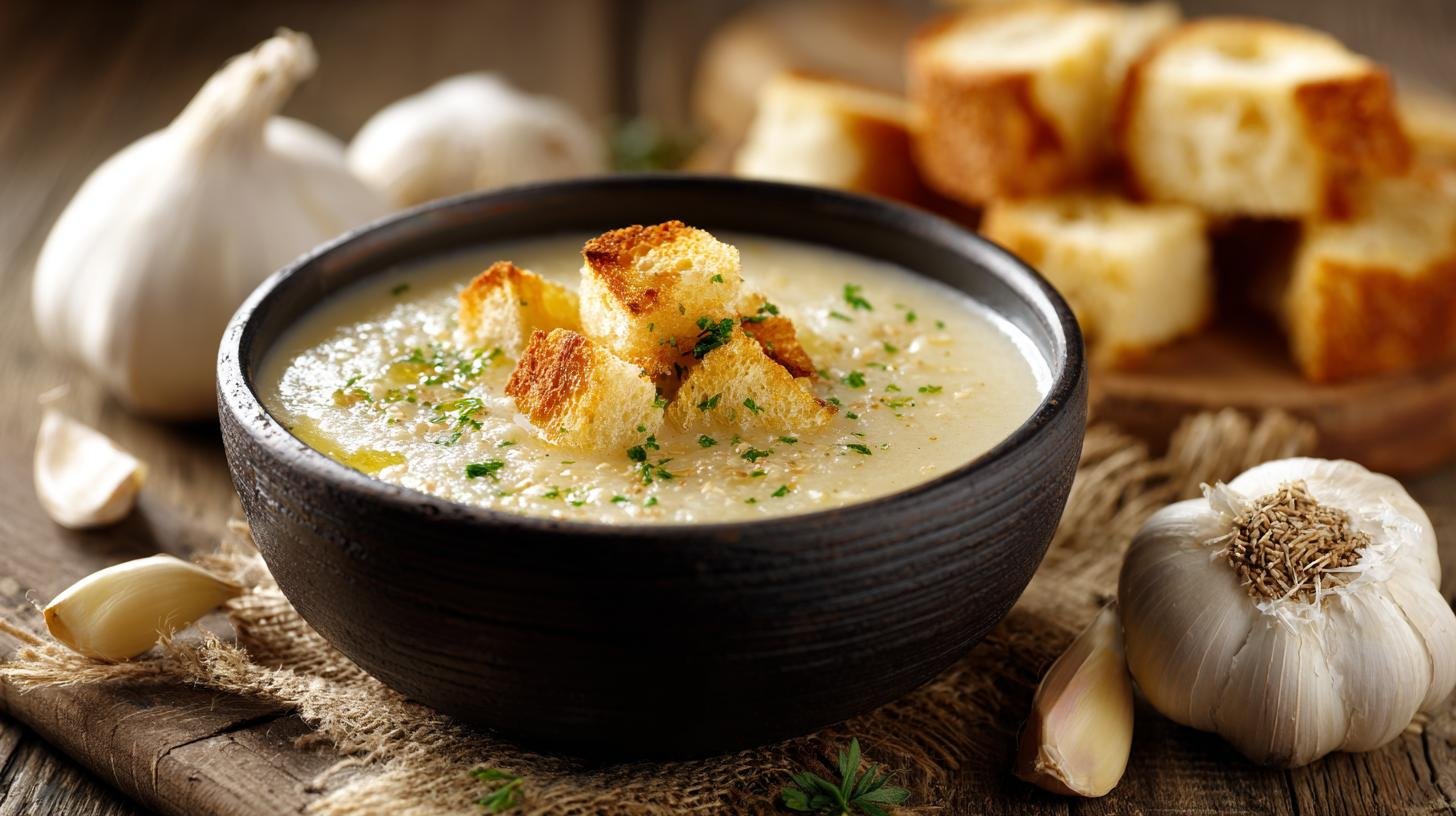 Česneková polévka s krutony: česnek, sýr, bageta pro nachlazení. Rychlý seznam surovin