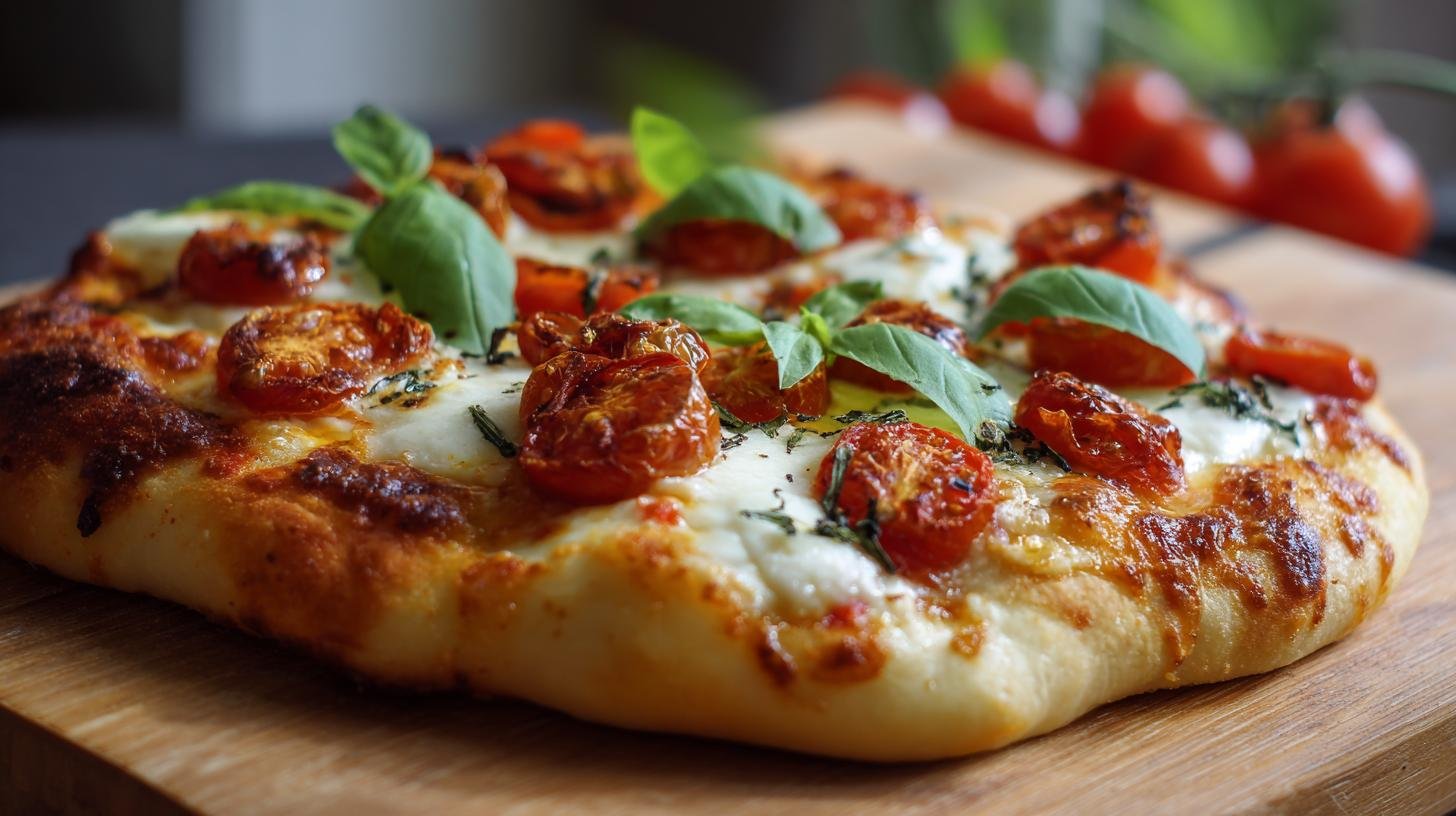 Pizza z domácího těsta s rajčaty, mozzarellou a bazalkou. Jednoduché domácí těsto