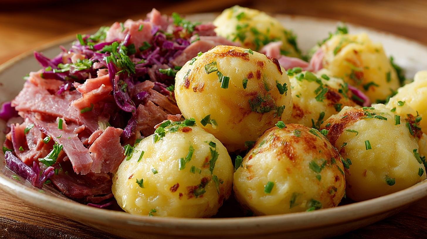 Bramborové knedlíky s uzeným masem a zelným salátem. Servírování, malé triky a úspora