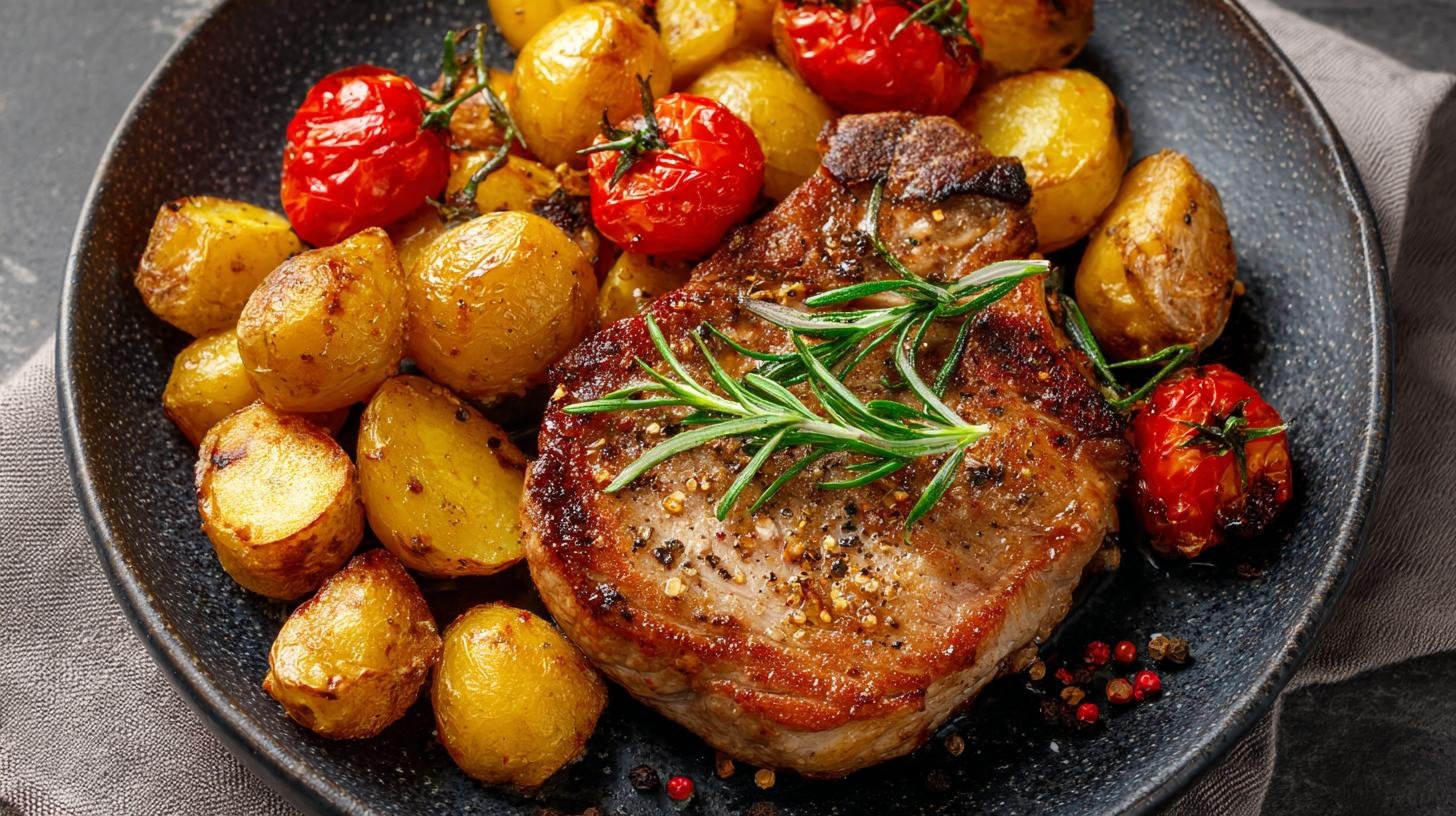 Rychlý steak z vepřového masa s pečenými bramborami. Servírování a variace, které zaujmou