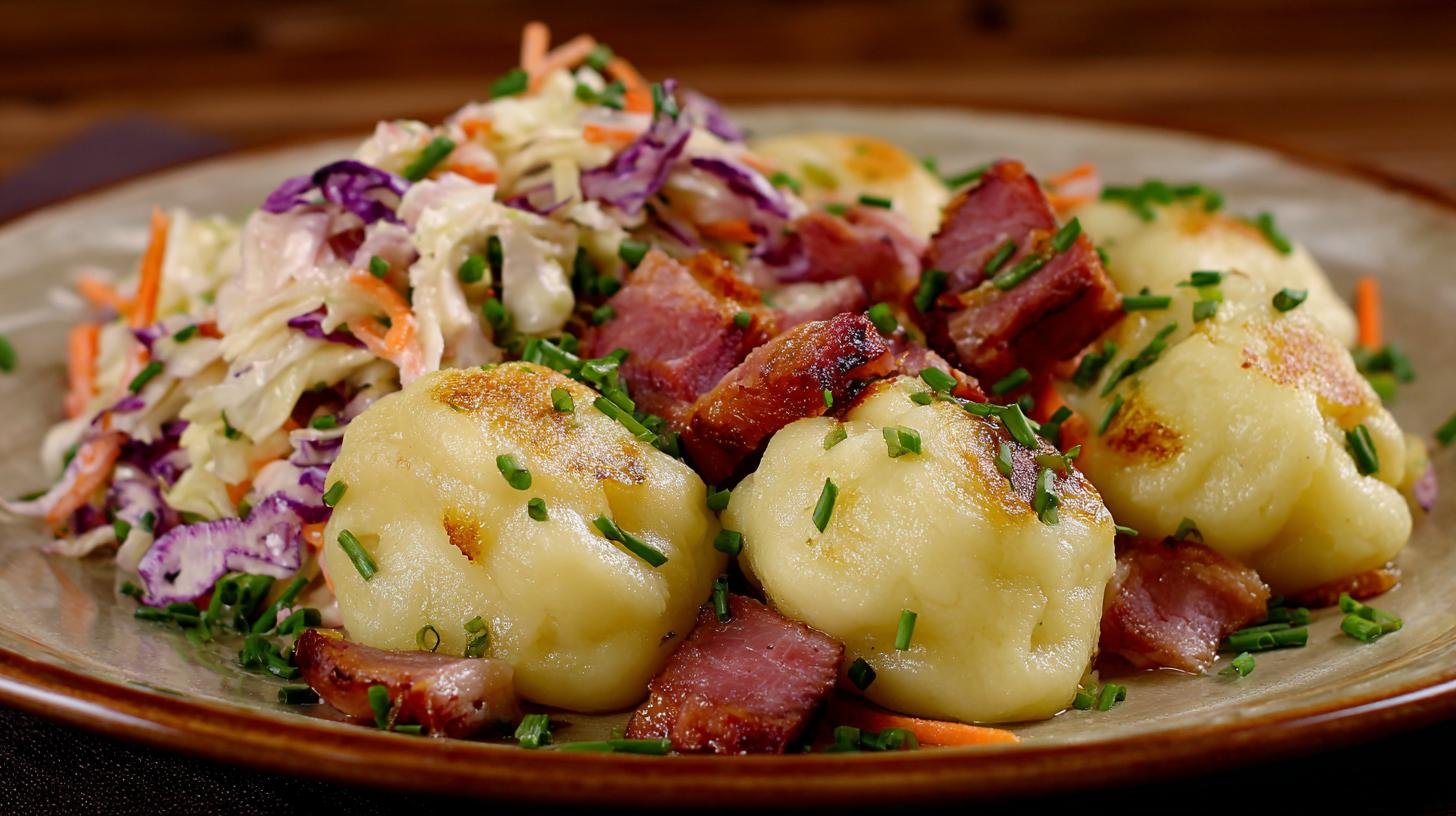 Bramborové knedlíky s uzeným masem a zelným salátem. Proč toto spojení funguje