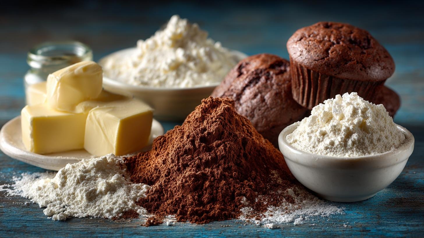 Kakaové muffiny s moukou, máslem a smetanou pro rychlé pečení. Ingredience a rychlý přehled