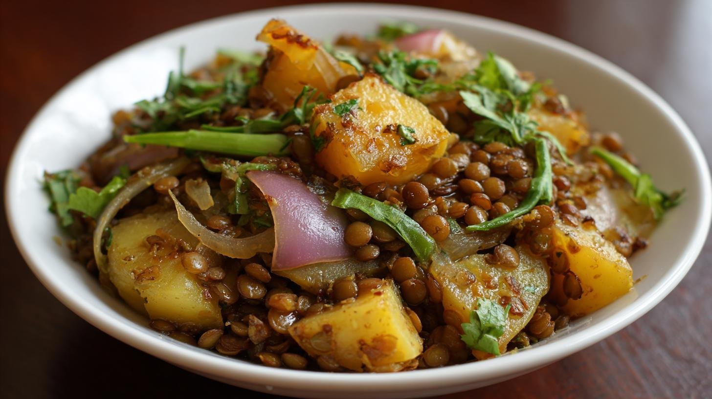 Hřejivá čočka na kyselo s cibulí a bramborami bez zbytečné práce. Ingredience a jednoduchý seznam