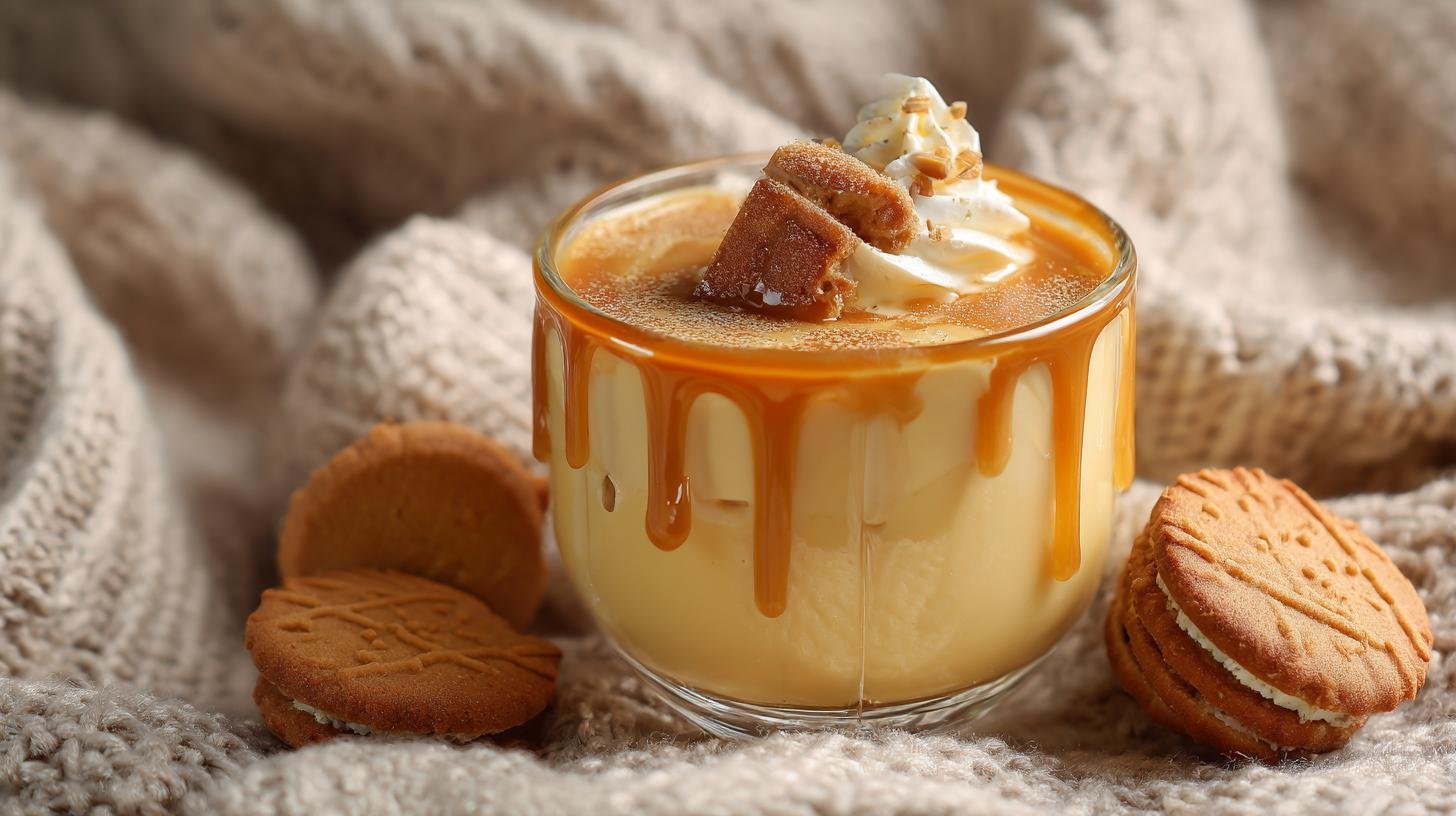 Vanilkový pudink s karamelem, mlékem a máslovými sušenkami