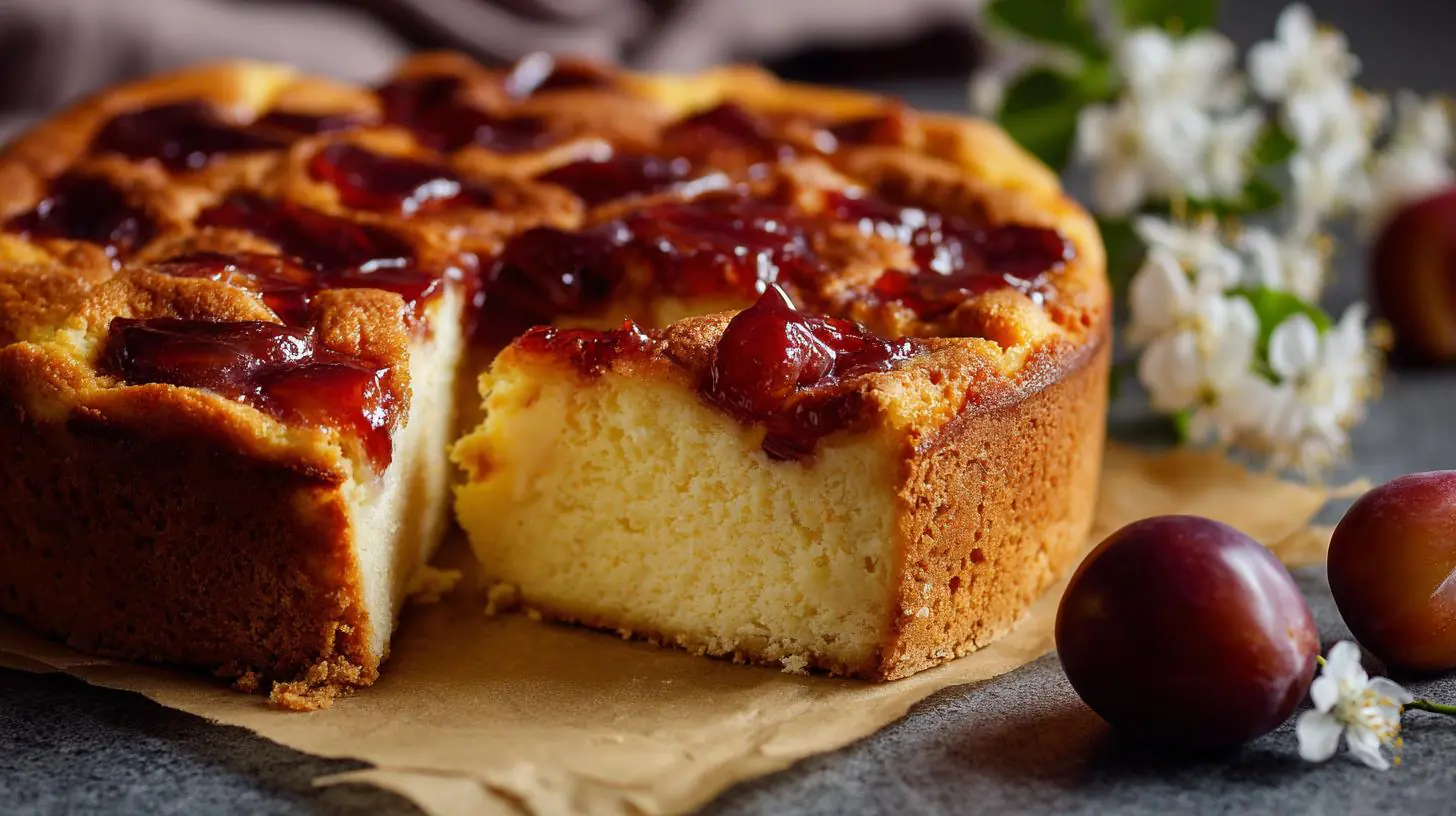 Rychlý domácí tvarohový koláč s povidly a skořicí