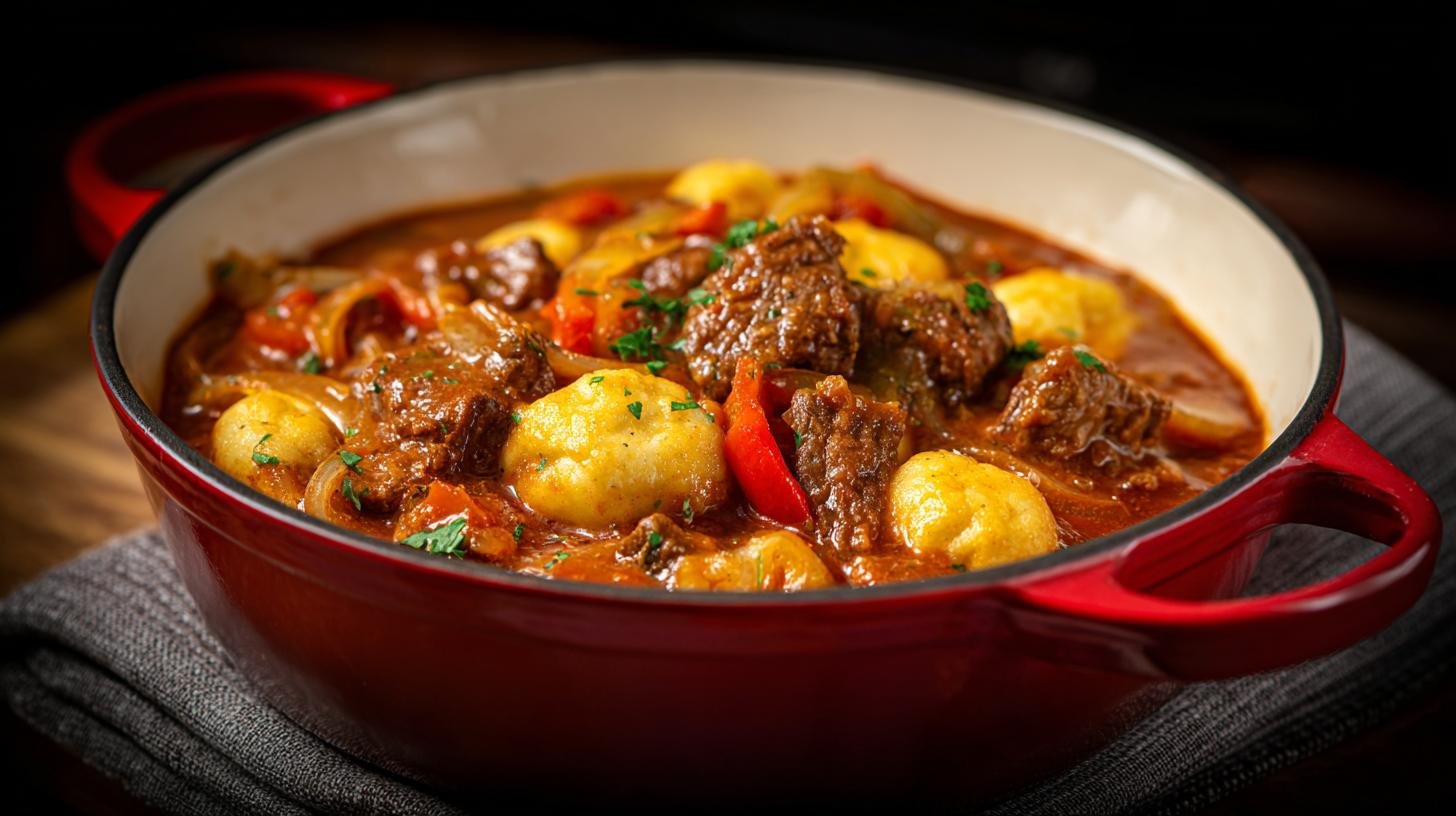 Silný hovězí guláš s cibulí, paprikou a domácími knedlíky