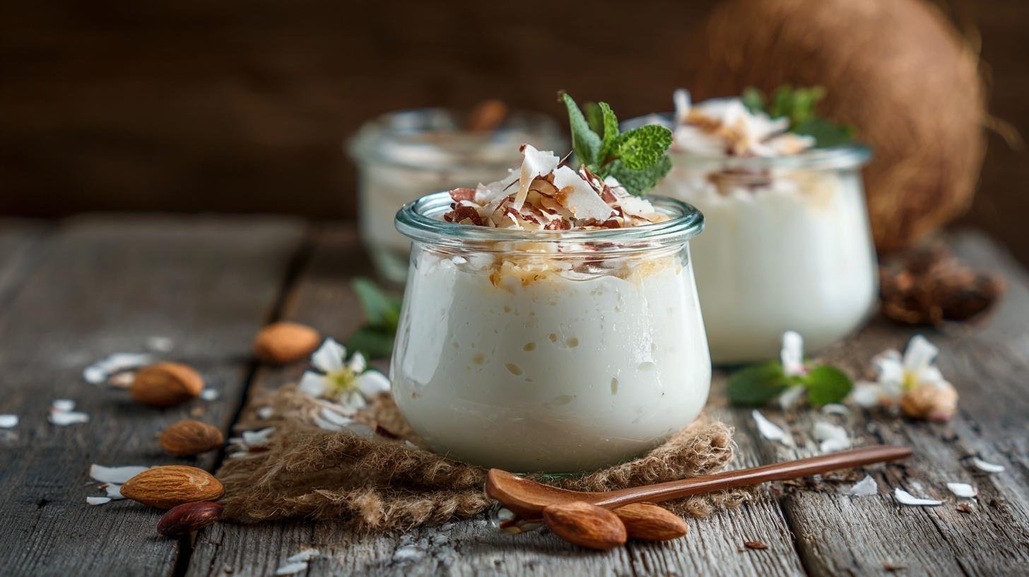 Bezlaktózový dezert s mandlovým mlékem a kokosovými hoblinami. Rychlý recept krok za krokem