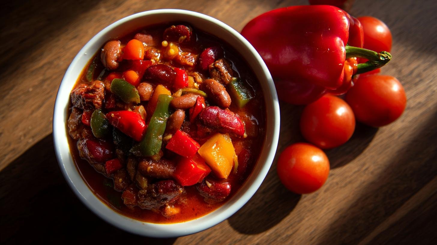 Pikantní fazolový guláš s rajčaty, paprikou a chilli
