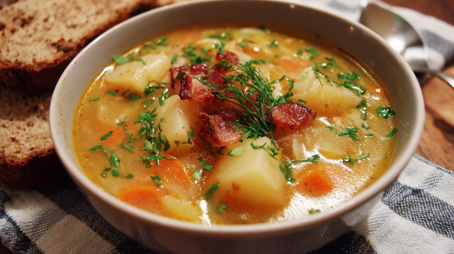 Kapustová polévka s bramborami, česnekem a slaninovou chutí. Malá tajemství, která změní chuť