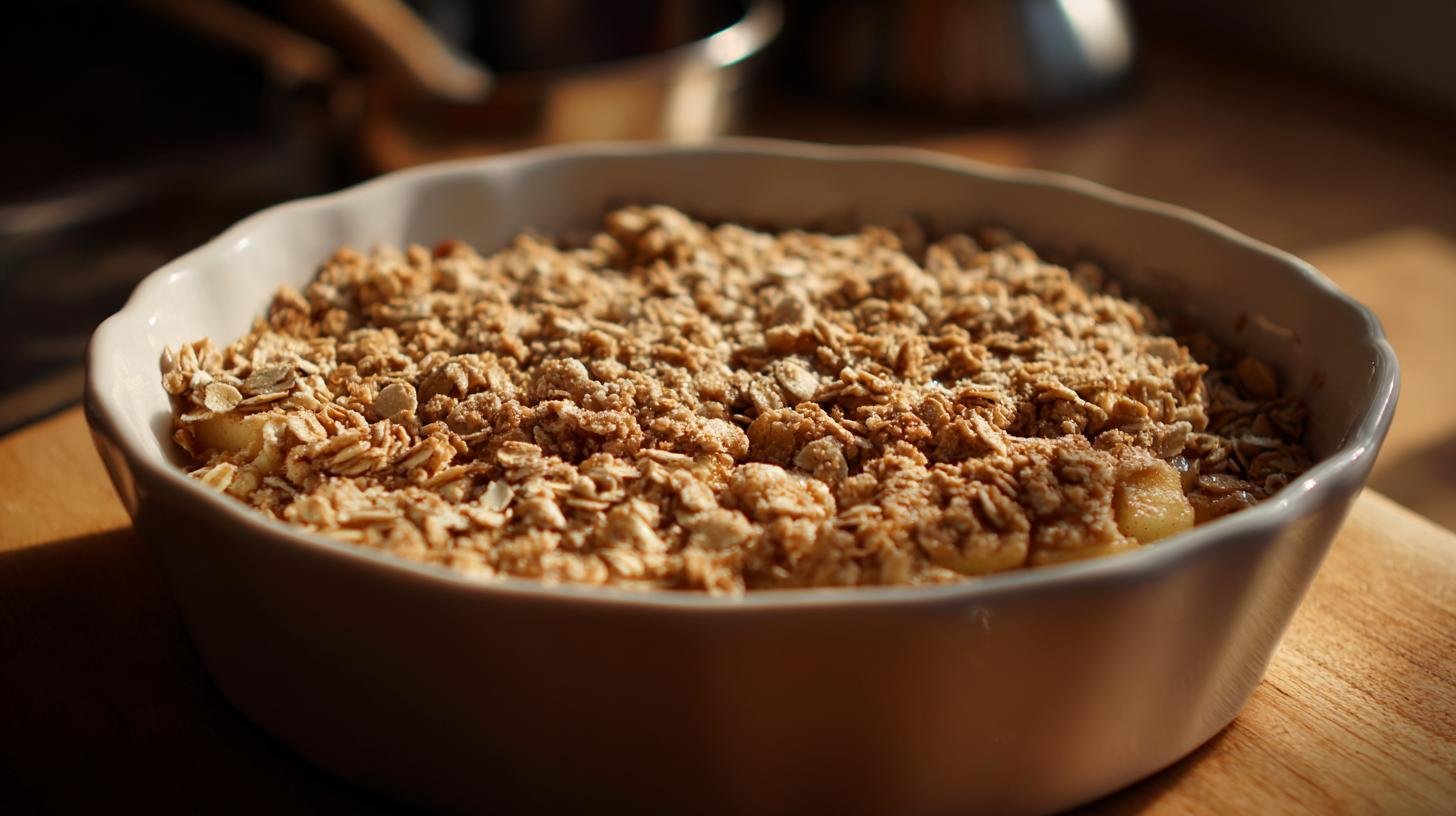 Rychlý crumble z jablek, ovesných vloček a másla do 20 minut. Ingredience a drobné nástroje