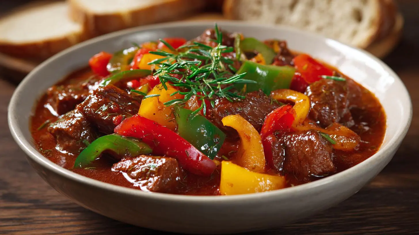 Hovězí guláš: hovězí, cibule a paprika — tajný krok