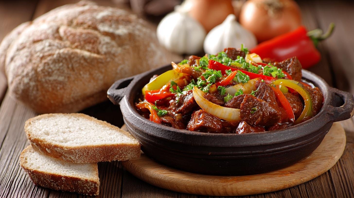 Guláš z hovězího masa s cibulí, paprikou a chlebem. Servírování a šikovné úspory