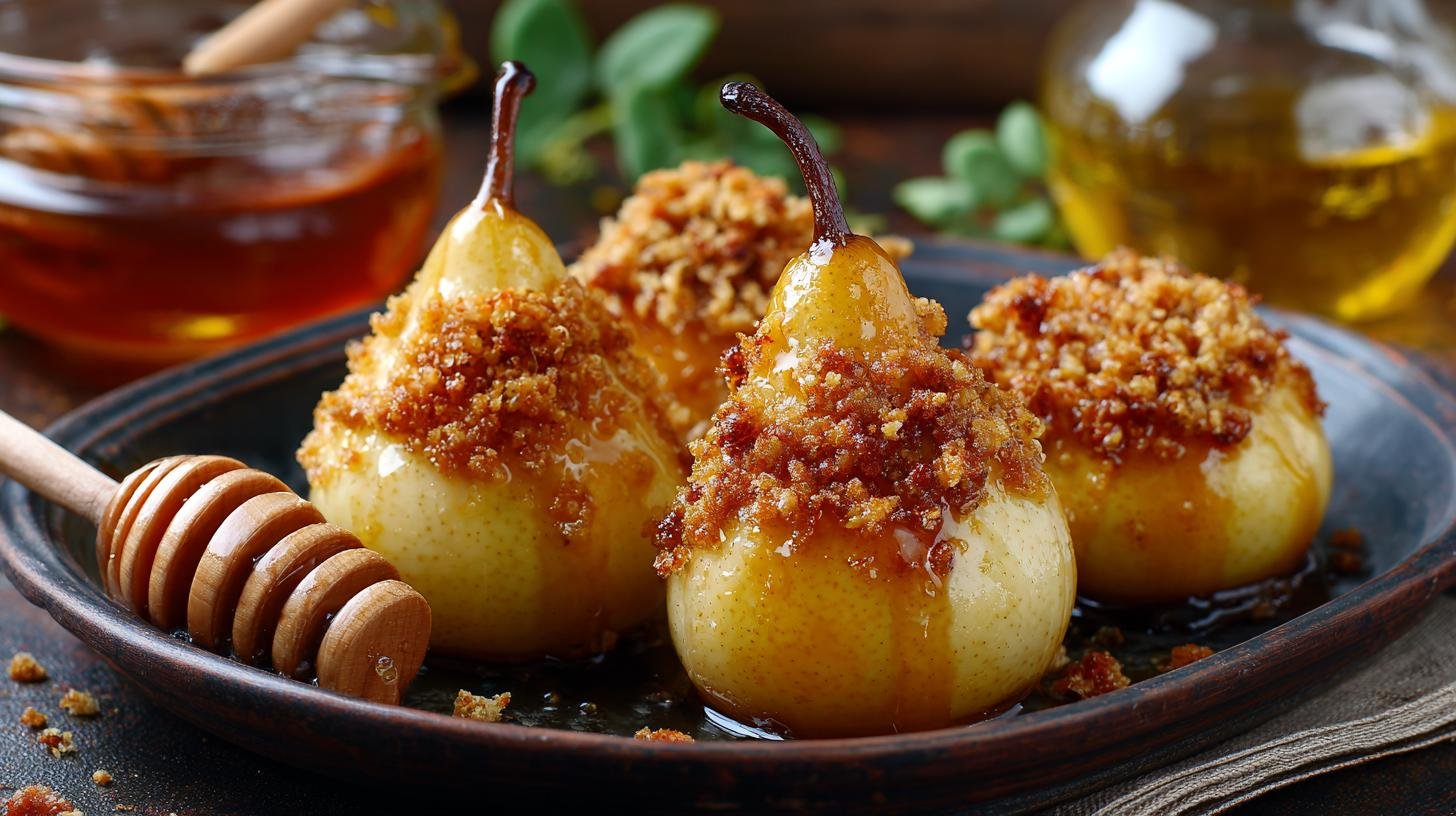 Pečené hrušky s medem a drobenkou pro rychlou voňavou svačinu. Proč to funguje