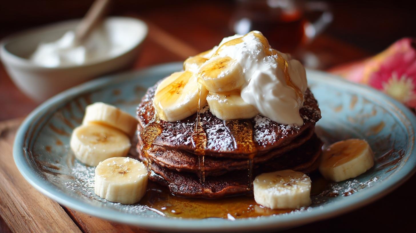 Kakaové lívance s banánem, medem a řeckým jogurtem