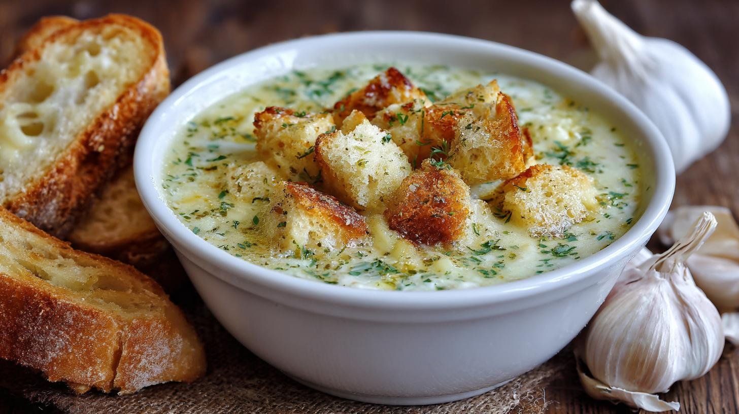 Česneková polévka s krutony: česnek, sýr, bageta pro nachlazení. Krok za krokem