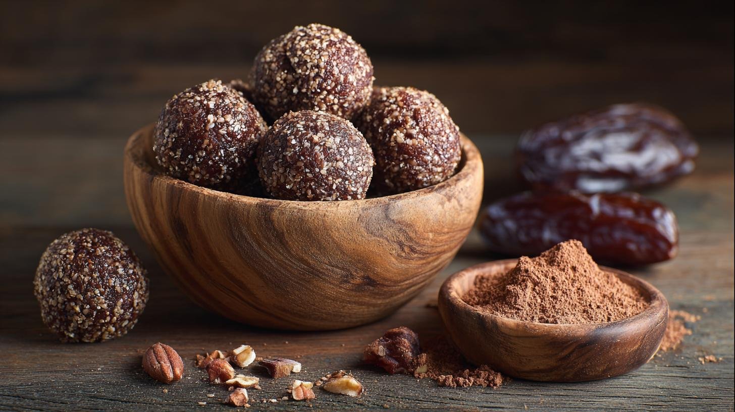 Raw energetické kuličky z datlí, ořechů a kakaového prášku